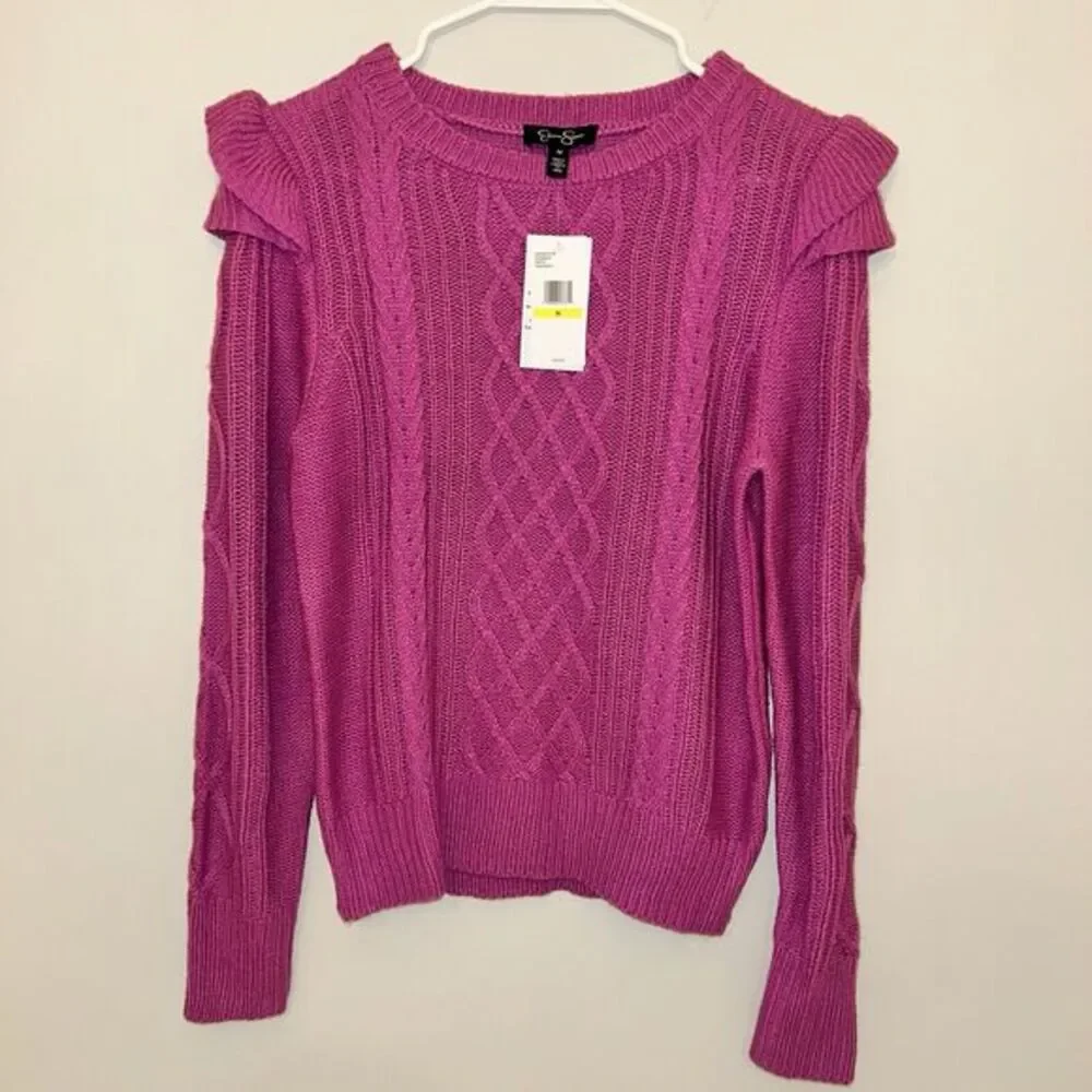 Jessica Simpson Ruffled Pullover Sweater Womens Small‎ Rosebud Cable Knit NEW